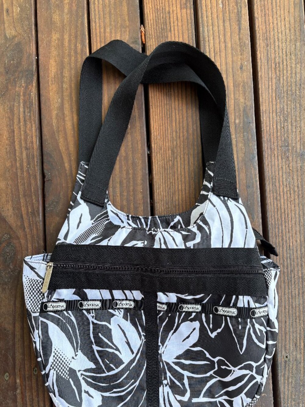 LeSportsac Classic Hobo Shoulder Bag Black White Print Lightweight Travel Bag